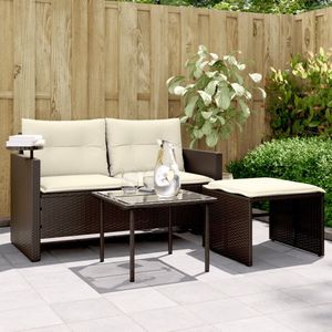 vidaXL 3-delige Loungeset met kussens poly rattan bruin