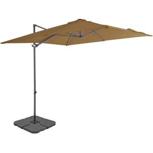 <p>Deze parasol is de perfecte keuze voor iedereen die op zoek is naar bescherming tegen de zon. Met zijn stevige aluminium frame en groot uv-bestendig doek biedt hij optimale bescherming. De parasol kan eenvoudig geopend en gesloten worden door aan de knop op de paal te draaien.</p>
<p>Het aluminium frame en de 8 stevige aluminium baleinen zorgen ervoor dat de parasol duurzaam is en lang meegaat. Het exclusieve ontwerp van de parasol maakt het mogelijk om hem te kantelen en 360 graden te draaien, zodat je altijd in de schaduw kunt zitten.</p>
<p>De parasol wordt geleverd met een grote, afneembare stalen kruisvoet die zorgt voor extra stabiliteit zonder veel ruimte in beslag te nemen. De voet bestaat uit 4 afzonderlijke delen en kan gevuld worden met 60 liter water of 80 kg zand, waardoor hij ideaal is voor parasols met een kruisbasis.</p>
<p>De voet is lichtgewicht en gemakkelijk te verplaatsen wanneer hij leeg is. De parasol wordt geleverd in de kleur taupe en heeft een afmeting van 2,5 x 2,5 x 2,47 m (L x B x H). Het frame is gemaakt van aluminium en staal en de parasol bevat een handzwengel.</p>
<p>De extra parasolvoet is zwart van kleur en gemaakt van kunststof. Elk onderdeel heeft een afmeting van 50 x 50 x 7,5 cm (L x B x H) en kan gevuld worden met water of zand. De capaciteit van ieder deel is 15 L en de voet bestaat uit vier onderdelen. Deze voet is geschikt voor alle kruis parasolvoeten.</p>