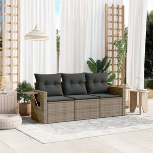 vidaXL 3-delige Loungeset met kussens poly rattan grijs