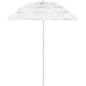<p>Deze Hawaï parasol is gemaakt van uv-beschermend en anti-vervagend polyester, waardoor het perfect is om schadelijke uv-stralen van de zon tegen te houden. De baleinen van de parasol zorgen voor een perfecte ondersteuning van het doek. Daarnaast wordt er een stevige ondersteuningspin in de paal bevestigd.</p>
<p>Deze veelzijdige parasol kan op verschillende manieren worden gebruikt. Hij kan worden gemonteerd in een bestaande voet of in het midden van een tafel worden geplaatst. Bovendien is de parasol in elke richting te verstellen dankzij de kantelfunctie, waardoor je optimaal beschermd bent tegen de zon.</p>
<p>Specificaties:</p>
<ul>
  <li>Kleur: wit</li>
  <li>Materiaal: polyester</li>
  <li>Totale hoogte: 180 cm</li>
  <li>Booglengte parasol: 180 cm</li>
  <li>Diameter parasol: 160 cm</li>
  <li>Weer- en uv-bestendig</li>
  <li>Kantelend</li>
  <li>Hawaï stijl</li>
  <li>Montage vereist</li>
</ul>