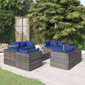 vidaXL 9-delige Loungeset met kussens poly rattan grijs