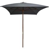 <p>Deze elegante houten parasol biedt de perfecte bescherming tegen schadelijke uv-straling van de zon. Het parasoldoek is gemaakt van uv-beschermend en anti-vervagend polyester, waardoor het optimale bescherming biedt en gemakkelijk schoon te maken is.</p>
<p>Met een paaldiameter van 38 mm kan de parasol in een bestaande voet of in het midden van een tafel geplaatst worden. De sterke houten paal en de 6 duurzame baleinen zorgen voor stabiliteit en duurzaamheid.</p>
<p>Deze tuinparasol kan eenvoudig geopend en gesloten worden dankzij het eenvoudige katrolsysteem. Het product is ook eenvoudig te monteren.</p>
<p>Let op, wij adviseren om het doek te behandelen met een waterdichtmakende spray als het wordt blootgesteld aan zware regenval.</p>
<ul>
  <li>Kleur doek: antraciet</li>
  <li>Materiaal frame: gelamineerd bamboe en hardhout</li>
  <li>Materiaal hoes: stof</li>
  <li>Totale afmetingen: 200 x 300 x 250 cm (B x D x H)</li>
  <li>Diameter paal: 38 mm</li>
  <li>Met ventilatiegat</li>
  <li>Met 6 baleinen</li>
  <li>Beschikt over een enkelvoudig katrolsysteem</li>
  <li>Materiaal: Polyester: 100%</li>
</ul>