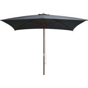 <p>Deze elegante houten parasol biedt de perfecte bescherming tegen schadelijke uv-straling van de zon. Het parasoldoek is gemaakt van uv-beschermend en anti-vervagend polyester, waardoor het optimale bescherming biedt en gemakkelijk schoon te maken is.</p>
<p>Met een paaldiameter van 38 mm kan de parasol in een bestaande voet of in het midden van een tafel geplaatst worden. De sterke houten paal en de 6 duurzame baleinen zorgen voor stabiliteit en duurzaamheid.</p>
<p>Deze tuinparasol kan eenvoudig geopend en gesloten worden dankzij het eenvoudige katrolsysteem. Het product is ook eenvoudig te monteren.</p>
<p>Let op, wij adviseren om het doek te behandelen met een waterdichtmakende spray als het wordt blootgesteld aan zware regenval.</p>
<ul>
  <li>Kleur doek: antraciet</li>
  <li>Materiaal frame: gelamineerd bamboe en hardhout</li>
  <li>Materiaal hoes: stof</li>
  <li>Totale afmetingen: 200 x 300 x 250 cm (B x D x H)</li>
  <li>Diameter paal: 38 mm</li>
  <li>Met ventilatiegat</li>
  <li>Met 6 baleinen</li>
  <li>Beschikt over een enkelvoudig katrolsysteem</li>
  <li>Materiaal: Polyester: 100%</li>
</ul>