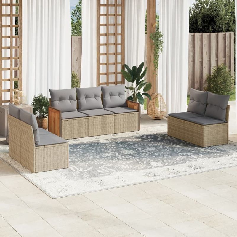 vidaXL - 7-delige - Loungeset - met - kussens - poly - rattan - beige