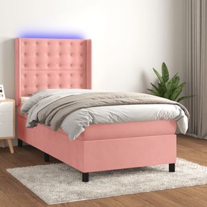 vidaXL Boxspring met matras en LED fluweel roze 90x200 cm