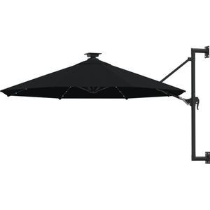 <p>Deze elegante parasol voor aan de muur beschermt je huid door het grootste deel van het uv-licht te blokkeren. Het parasoldoek is gemaakt van uv-beschermend en anti-vervagend polyester, waardoor het je optimale bescherming tegen de zon biedt en gemakkelijk schoon te maken is.</p>
<p>Het exclusieve ontwerp van deze parasol stelt je in staat om de parasol te kantelen om zo de zon te blokkeren terwijl deze langzaam richting de horizon beweegt. De sterke metalen paal, samen met de 8 duurzame baleinen, maakt de wandparasol zeer stabiel en duurzaam.</p>
<p>De tuinparasol kan eenvoudig geopend en gesloten worden dankzij het zwengelmechanisme. De geïntegreerde 28 LED-lampjes zorgen 's avonds voor een gezellige en romantische sfeer. Let op, wij adviseren om het doek te behandelen met een waterdichtmakende spray als hij wordt blootgesteld aan zware regenval.</p>
<p>De hoogte van deze wandparasol hangt af van de hoogte van de muur.</p>
<ul>
  <li>Kleur: zwart</li>
  <li>Materiaal: stof (100% polyester) en metaal</li>
  <li>Totale afmetingen: 300 x 131 cm (ø x H)</li>
  <li>Diameter buis: 48 mm</li>
  <li>Met zwengelsysteem</li>
  <li>Met 8 baleinen</li>
  <li>Met 28 LED-lampjes</li>
  <li>Vermogen: 0,7 W</li>
  <li>Levering bevat een wandbevestiging</li>
  <li>Montage vereist</li>
</ul>