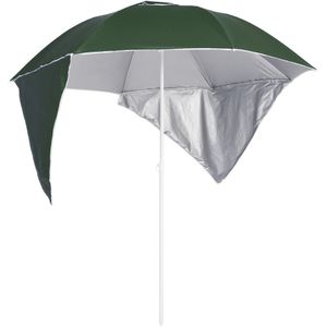 <p>Deze strandparasol is de perfecte metgezel voor een dagje buiten, of je nu op het strand of op het gras bent. Met hoogwaardig polyester materiaal biedt deze parasol uitstekende UV-bescherming en treksterkte. Bovendien is polyester waterbestendig, waardoor het ideaal is voor vochtige of regenachtige omstandigheden. En het beste van alles is dat het eenvoudig schoon te maken is.</p>
<p>De zonwerende coating van deze parasol absorbeert meer licht en beschermt je huid beter. Met 2 zijwanden die gemakkelijk kunnen worden losgekoppeld en met een paneel kunnen worden verbonden, biedt deze parasol volledige bescherming en veelzijdige schaduwmogelijkheden. Je kunt de hoek en richting aanpassen aan verschillende situaties.</p>
<p>Dankzij het ontwerp zorgt deze parasol voor efficiënte luchtstroom, waardoor je je comfortabeler en koeler voelt. Het stalen frame zorgt voor stevigheid en stabiliteit, zodat je je geen zorgen hoeft te maken over sterke winden.</p>
<ul>
  <li>Kleur: groen</li>
  <li>Materiaal: 100% polyester stof met zilverkleurige coating en gepoedercoat staal</li>
  <li>Afmetingen: 190 x 202/218 cm (ø x H)</li>
  <li>Booglengte: 215 cm</li>
  <li>Diameter paal: 22/25 mm</li>
  <li>Met 2 afneembare zijwanden</li>
  <li>Met luchtventilatie</li>
  <li>UV-bescherming</li>
  <li>Waterbestendig</li>
  <li>Ideaal voor gebruik op het strand en op het gras</li>
  <li>Montage vereist</li>
</ul>