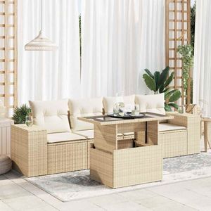 vidaXL 5-delige Loungeset met kussens poly rattan beige