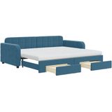 vidaXL Slaapbank met onderschuifbed en lades 90x200 cm fluweel blauw
