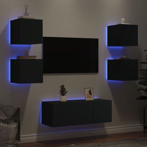 vidaXL 6-delige Tv-wandmeubelset met LED bewerkt hout zwart