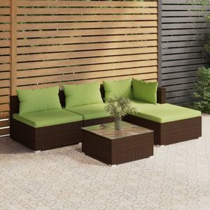 vidaXL 5-delige Loungeset met kussens poly rattan bruin