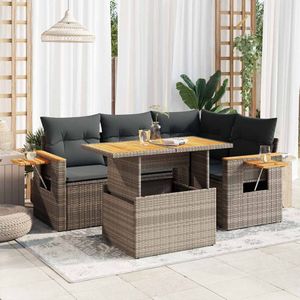 vidaXL - 5-delige - Loungeset - met - kussens - poly - rattan - acacia - grijs