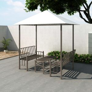 <p>Creëer binnen een paar seconden een gezellig onderkomen in je tuin met deze uitgebreide paviljoenset. Het paviljoen heeft een stevig stalen frame en een duurzame, waterdichte en uv-beschermende luifel met versterkte hoeken. Zo blijf je koel tijdens zonneschijn en droog tijdens regen. De comfortabele banken met licht hellende rugleuningen en de handige tafel zijn ook gemaakt van duurzaam staal.</p>
<p>LET OP: dit product mag NOOIT worden gebruikt in slechte weersomstandigheden, zoals sterke wind, zware regen, sneeuw of storm.</p>
<ul>
  <li>Kleur: wit en bruin</li>
  <li>Materiaal: stoffen luifel en stalen frame</li>
  <li>Totale afmetingen: 2,5 x 1,5 x 2,4 m (L x B x H)</li>
  <li>Hoogte dakrand: 2 m</li>
  <li>Afmetingen bank: 116 x 45 x 42 cm (L x B x H)</li>
  <li>Afmetingen tafel: 100 x 45 x 45 cm (L x B x H)</li>
  <li>Uv-bestendig</li>
  <li>Materiaal: Polyester: 100%</li>
</ul>