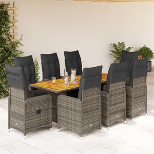 vidaXL 9-delige Bistroset met kussens poly rattan grijs