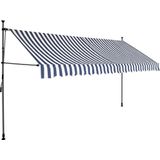 <p>Deze uittrekbare zonwering is ideaal voor gebruik voor het raam, op het terras, op het balkon of in de tuin. De luifel is water- en vuilafstotend en uv- en weerbestendig. Hij is gemaakt van hoogwaardig polyester met een PU-coating. Het sterke stalen frame maakt de luifel stevig en duurzaam.</p>
<p>De makkelijk te reinigen polyester luifel kan verwijderd en gewassen worden. De luifel is uittrekbaar dankzij de handslinger en de hoogte en de hoek kunnen versteld worden. De LED-verlichting werkt op zonne-energie en biedt 's avonds prachtig licht. Hij is eenvoudig te monteren.</p>
<p>Deze luifel is de perfecte keuze voor je buitenruimte en kan handmatig worden bediend.</p>
<ul>
  <li>Kleur: blauw en wit</li>
  <li>Materiaal: stof (100% polyester) met PU-coating en staal</li>
  <li>Breedte: 400 cm</li>
  <li>Maximale uitschuiflengte: 120 cm</li>
  <li>Flexibele installatiehoogte: 200 - 300 cm</li>
  <li>Diameter ondersteunende stang: 15 mm</li>
  <li>Lengte van de handslinger: 125 cm</li>
  <li>Handmatig bediend</li>
  <li>Water- en vuilafstotend</li>
  <li>Inclusief zonnepaneel en LED-strip</li>
  <li>Montage vereist</li>
</ul>