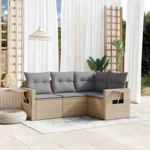 vidaXL 4-delige Loungeset met kussens poly rattan beige