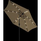 <p>Deze elegante parasol met LED-verlichting is de perfecte keuze om wat schaduw te creëren en jezelf te beschermen tegen schadelijke UV-straling. Het parasoldoek is gemaakt van UV-beschermend en anti-vervagend polyester, waardoor het optimale bescherming biedt tegen de zon en gemakkelijk schoon te maken is.</p>
<p>De parasol beschikt over 18 solar aangedreven LED's die automatisch je buitenruimte verlichten en een gezellige en romantische sfeer creëren bij zonsondergang. Het exclusieve ontwerp van de parasol stelt je in staat om de zon te blokkeren terwijl deze richting de horizon beweegt.</p>
<p>De sterke stalen paal en de 6 duurzame baleinen maken de parasol zeer stabiel en duurzaam. Dankzij het zwengelmechanisme kan de parasol eenvoudig geopend en gesloten worden. Het product is ook eenvoudig te monteren.</p>
<p>Let op, wij adviseren om het doek te behandelen met een waterdichtmakende spray als het wordt blootgesteld aan zware regenval.</p>
<ul>
  <li>Kleur doek: taupe</li>
  <li>Materiaal: stof en metalen paal</li>
  <li>Totale afmetingen: 300 x 225 cm (ø x H)</li>
  <li>Inclusief 18 LED-lampjes en 1 zonnepaneel</li>
  <li>Vermogen zonnepaneel: 0,7 W</li>
  <li>Met luchtventilatie en zwengelmechanisme</li>
  <li>Inclusief 6 stalen baleinen</li>
  <li>Materiaal: Polyester: 100%</li>
</ul>