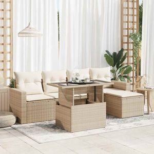 vidaXL 6-delige Loungeset met kussens poly rattan beige