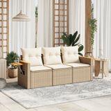 vidaXL 3-delige Loungeset met kussens poly rattan beige