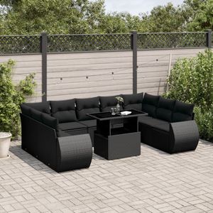 vidaXL 10-delige Loungeset met kussens poly rattan zwart