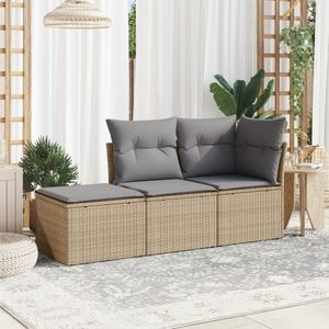 vidaXL 3-delige Loungeset met kussens poly rattan beige