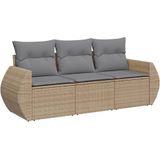 vidaXL 3-delige Loungeset met kussens poly rattan beige