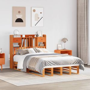 vidaXL - Bed - met - boekenkast - zonder - matras - grenenhout - wasbruin - 135x190 - cm