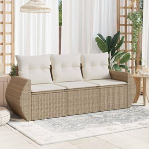 vidaXL 3-delige Loungeset met kussens poly rattan beige