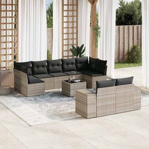 vidaXL - 10-delige - Loungeset - met - kussens - poly - rattan - lichtgrijs