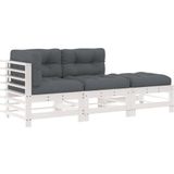 vidaXL 3-delige Loungeset met kussens massief hout wit