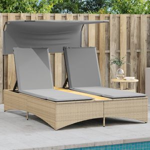 vidaXL Ligbed 2-persoons luifel en kussens poly rattan gemengd beige