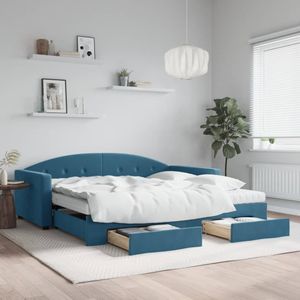 vidaXL Slaapbank met onderschuifbed en lades 100x200 cm fluweel blauw