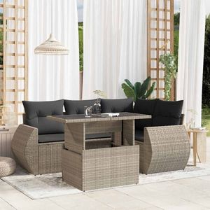 vidaXL 5-delige Loungeset met kussens poly rattan lichtgrijs