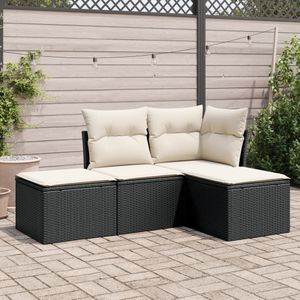 vidaXL 4-delige Loungeset met kussens poly rattan zwart