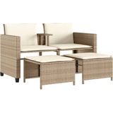 vidaXL Tuinbank 2-zits met tafel en voetenbanken poly rattan beige