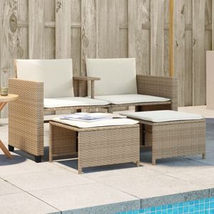 vidaXL Tuinbank 2-zits met tafel en voetenbanken poly rattan beige