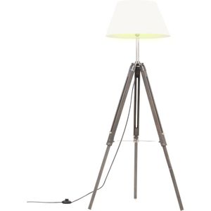 vidaXL Vloerlamp driepoot 141 cm massief teakhout grijs en wit