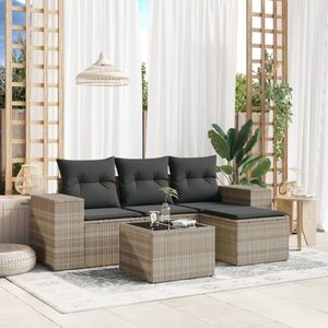 vidaXL - 5-delige - Loungeset - met - kussens - poly - rattan - lichtgrijs