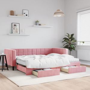 vidaXL Slaapbank met onderschuifbed en lades 90x200 cm fluweel roze