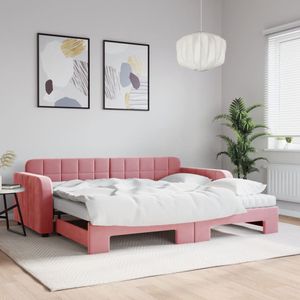 vidaXL Slaapbank onderschuifbed en matrassen 90x200 cm fluweel roze