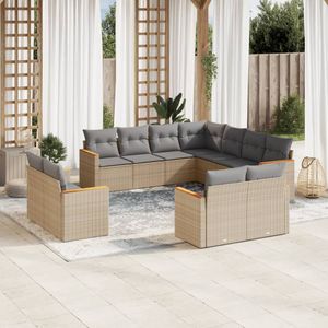 vidaXL 11-delige Loungeset met kussens poly rattan gemengd beige