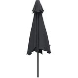 <p>Deze elegante parasol is de perfecte keuze om wat schaduw te creëren en jezelf te beschermen tegen de schadelijke uv-straling van de zon.</p>
<p>Het parasoldoek is gemaakt van uv-beschermend en anti-vervagend polyester waardoor het je optimale bescherming tegen de zon biedt en het gemakkelijk schoon te maken is.</p>
<p>De paaldiameter is 38 mm waardoor hij in een bestaande voet of in het midden van een tafel geplaatst kan worden.</p>
<p>Het exclusieve ontwerp van deze parasol stelt je in staat om de parasol te kantelen om zo de zon te blokkeren terwijl deze langzaam richting de horizon beweegt.</p>
<p>De sterke stalen paal en de 6 duurzame baleinen maken de parasol zeer stabiel en duurzaam.</p>
<p>Onze tuinparasol kan eenvoudig geopend en gesloten worden dankzij het zwengelmechanisme.</p>
<p>Het product is eenvoudig te monteren.</p>
<p>Let op, wij adviseren om het doek te behandelen met een waterdichtmakende spray als hij wordt blootgesteld aan zware regenval.</p>
<ul>
<li>Kleur: zwart</li>
<li>Materiaal: stof en stalen paal en baleinen</li>
<li>Totale afmetingen: 300 x 222 cm (ø x H)</li>
<li>Diameter paal: 38 mm</li>
<li>Met luchtventilatie en zwengelsysteem</li>
<li>Met 6 baleinen</li>
<li>Materiaal: Polyester: 100%</li>
</ul>