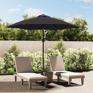 <p>Deze elegante parasol is de perfecte keuze om wat schaduw te creëren en jezelf te beschermen tegen de schadelijke uv-straling van de zon.</p>
<p>Het parasoldoek is gemaakt van uv-beschermend en anti-vervagend polyester waardoor het je optimale bescherming tegen de zon biedt en het gemakkelijk schoon te maken is.</p>
<p>De paaldiameter is 38 mm waardoor hij in een bestaande voet of in het midden van een tafel geplaatst kan worden.</p>
<p>Het exclusieve ontwerp van deze parasol stelt je in staat om de parasol te kantelen om zo de zon te blokkeren terwijl deze langzaam richting de horizon beweegt.</p>
<p>De sterke stalen paal en de 6 duurzame baleinen maken de parasol zeer stabiel en duurzaam.</p>
<p>Onze tuinparasol kan eenvoudig geopend en gesloten worden dankzij het zwengelmechanisme.</p>
<p>Het product is eenvoudig te monteren.</p>
<p>Let op, wij adviseren om het doek te behandelen met een waterdichtmakende spray als hij wordt blootgesteld aan zware regenval.</p>
<ul>
<li>Kleur: zwart</li>
<li>Materiaal: stof en stalen paal en baleinen</li>
<li>Totale afmetingen: 300 x 222 cm (ø x H)</li>
<li>Diameter paal: 38 mm</li>
<li>Met luchtventilatie en zwengelsysteem</li>
<li>Met 6 baleinen</li>
<li>Materiaal: Polyester: 100%</li>
</ul>