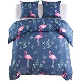 vidaXL Dekbedovertrekset flamingo 200x200/80x80 cm marineblauw/roze