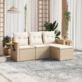 vidaXL 4-delige Loungeset met kussens poly rattan beige