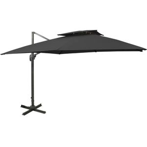 <p>Deze parasol is de perfecte keuze om schaduw te creëren en jezelf te beschermen tegen schadelijke uv-straling. Het parasoldoek is gemaakt van uv-beschermend en anti-vervagend polyester, waardoor het optimale bescherming biedt en gemakkelijk schoon te maken is.</p>
<p>De parasol heeft een stevige kruisvoet die zorgt voor stabiliteit. Het exclusieve ontwerp maakt het mogelijk om de parasol te kantelen en 360 graden te draaien, zodat je de zon kunt blokkeren.</p>
<p>De sterke aluminium paal en de 8 baleinen maken de parasol zeer stabiel en duurzaam. Dankzij het zwengelmechanisme kan de parasol eenvoudig geopend en gesloten worden. Het dubbele dak zorgt voor extra ventilatie.</p>
<p>Let op, wij adviseren om het doek te behandelen met een waterdichtmakende spray als het wordt blootgesteld aan zware regenval.</p>
<ul>
  <li>Kleur doek: zwart</li>
  <li>Materiaal: stof met een PA-coating en gepoedercoat aluminium</li>
  <li>Totale afmetingen: 300 x 300 x 258 cm (L x B x H)</li>
  <li>Afmetingen kruisvoet: 100 x 100 cm (L x B)</li>
  <li>Met luchtventilatie en zwengelsysteem</li>
  <li>Kantelbaar en 360 graden draaibaar</li>
  <li>Inclusief 8 aluminium baleinen</li>
  <li>Met dubbel dak</li>
  <li>Montage vereist</li>
</ul>