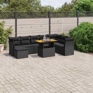 vidaXL 9-delige Loungeset met kussens poly rattan zwart