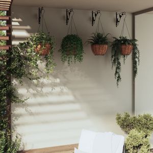 <p>Deze prachtige hangmandbeugels met hangende plantenbakken zijn een aanvulling op elk voorwerp dat eraan hangt en voegen elegantie en schoonheid toe aan je huis en tuin.</p>
<p>Duurzaam materiaal: staal is een buitengewoon hard en sterk materiaal. Het biedt stevigheid en stabiliteit. De poedercoating op staal vormt een beschermlaag tegen slijtage.</p>
<p>Veelzijdige functies: de hangmandbeugel is perfect voor het ophangen van bloempotten, kleine lantaarns, manden, vogelvoeders, kandelaars, tuinverlichting, lichtslingers, vakantiedecoraties, windgongen en andere tuindecoraties.</p>
<p>Praktische hangende plantenbakken: de hangende potten houden het vocht van de plant vast, maar vullen de wortels niet op, wat kunstmatig water geven kan verminderen. Hij heeft ook een goede luchtdoorlaatbaarheid, zodat de planten volledig kunnen ademen en de luchtcirculatie wordt bevorderd.</p>
<p>Brede toepassingen: de haken en de plantenbakjes bieden een charmante en toch traditionele uitstraling, wat een perfecte keuze is voor het decoreren van je tuin, terras, veranda, terras, balkon, achtertuin, enz.</p>
<p>Goed om te weten: Om de montage zo eenvoudig mogelijk te maken, wordt er bij elk product een handleiding meegeleverd.</p>
<ul>
  <li>Kleur: zwart</li>
  <li>Hangmandbeugel:</li>
  <ul>
    <li>Materiaal: gepoedercoat staal</li>
    <li>Afmeting: 29,5 x 26 cm (L x H)</li>
    <li>Maximaal draagvermogen: 5 kg</li>
    <li>Inclusief haken en pluggen</li>
  </ul>
  <li>Hangende plantenbak:</li>
  <ul>
    <li>Materiaal frame: gepoedercoat staal</li>
    <li>Materiaal voering: Kokosvezel</li>
    <li>Totale afmetingen: Ø 30 x 52 (ø x H)</li>
    <li>Hoogte mand: 15 cm</li>
    <li>Levering bevat: 4 x hangmand beugel, 8 x schroef, 8 x wandplug, 4 x hangende plantenmand</li>
  </ul>
</ul>