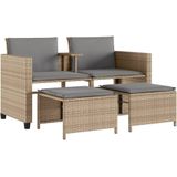 vidaXL Tuinbank 2-zits met tafel en voetenbanken poly rattan beige