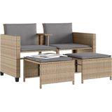 vidaXL Tuinbank 2-zits met tafel en voetenbanken poly rattan beige